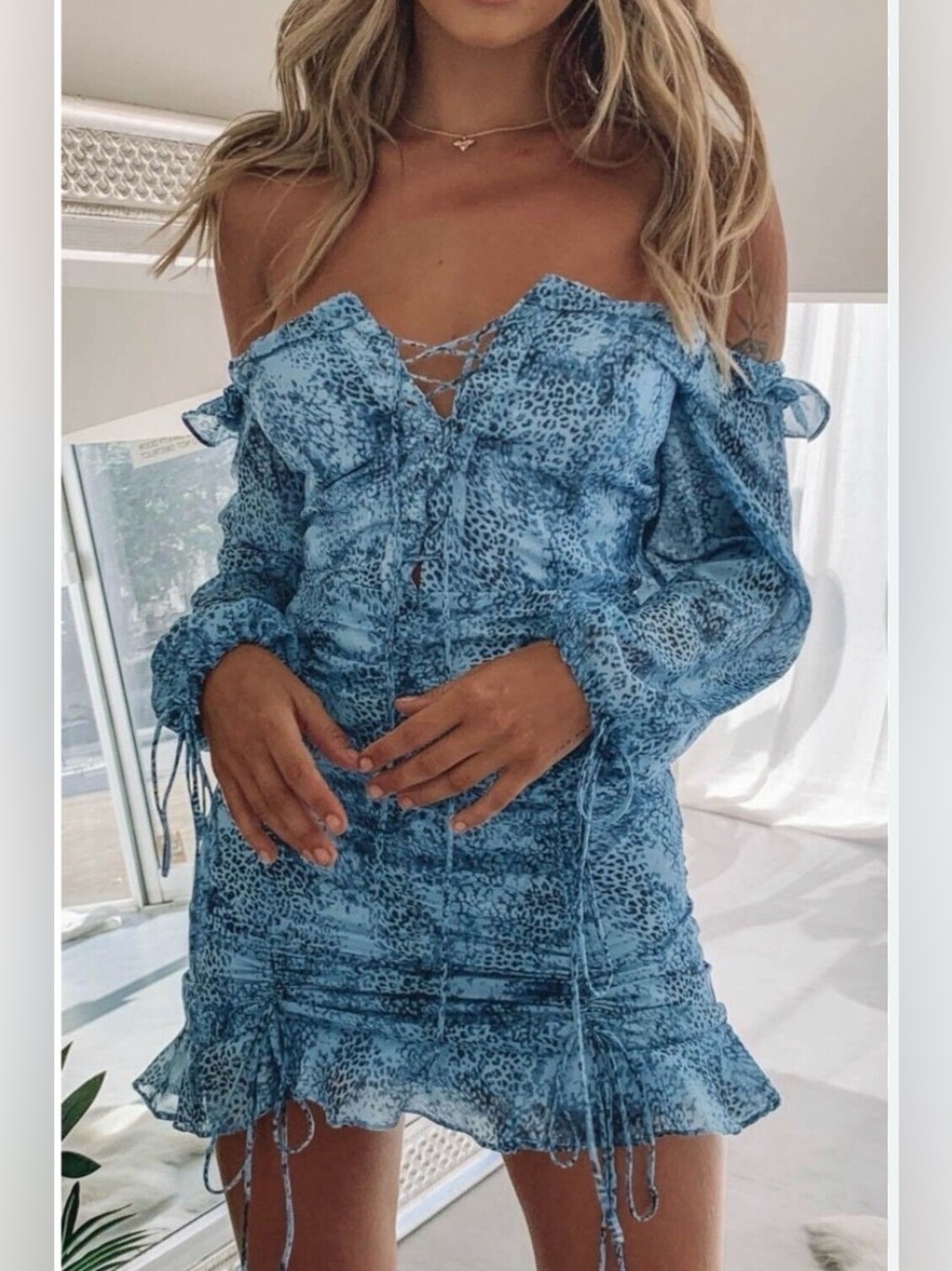 Lioness Feng Shui Leopard Blue Tie Up Mini Dress XS Revolve puff sleeve